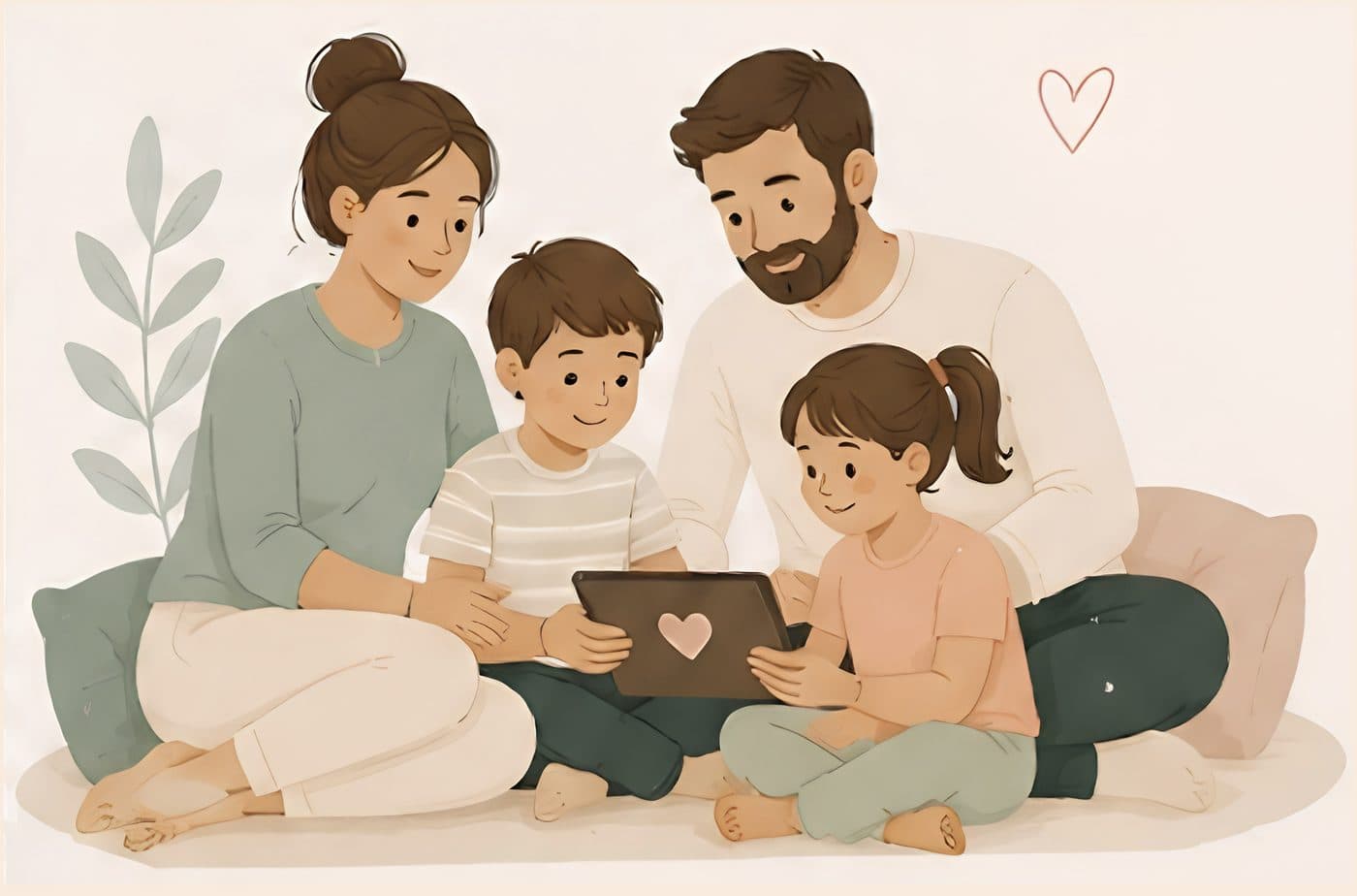Une famille assise ensemble, les parents et leurs deux enfants regardant une tablette avec le cœur de Repères Familles
